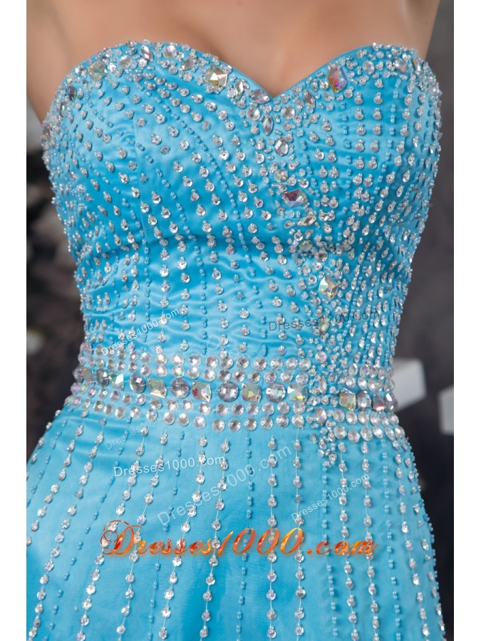 Popular Beaded Aqua Blue Brush Train Prom Dresses with High Slit