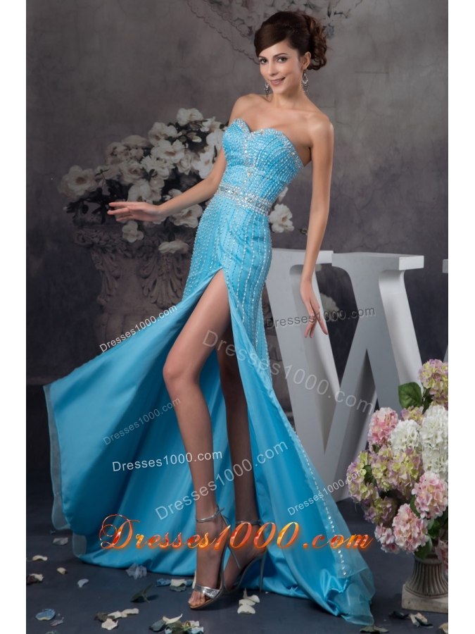 Popular Beaded Aqua Blue Brush Train Prom Dresses with High Slit
