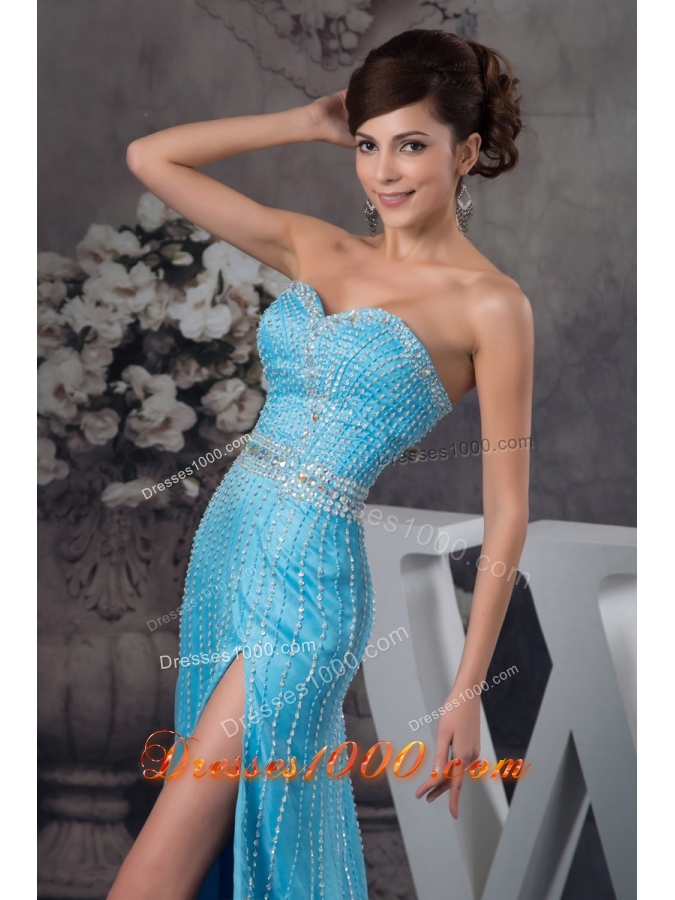 Popular Beaded Aqua Blue Brush Train Prom Dresses with High Slit