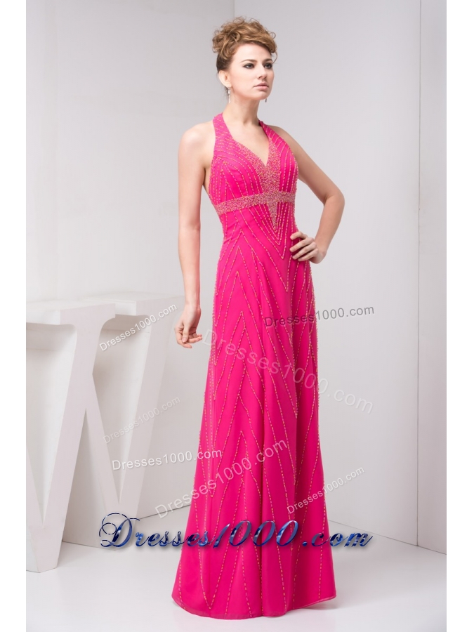 Column Hot Pink Halter Top Beaded Prom Dress with the Back Out