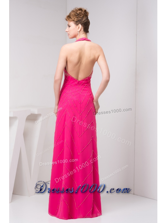 Column Hot Pink Halter Top Beaded Prom Dress with the Back Out