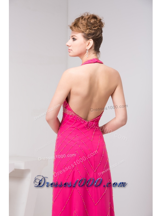 Column Hot Pink Halter Top Beaded Prom Dress with the Back Out