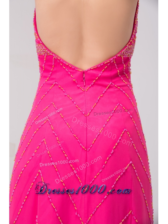 Column Hot Pink Halter Top Beaded Prom Dress with the Back Out