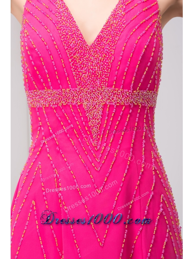Column Hot Pink Halter Top Beaded Prom Dress with the Back Out