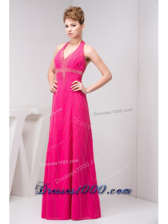 Column Hot Pink Halter Top Beaded Prom Dress with the Back Out