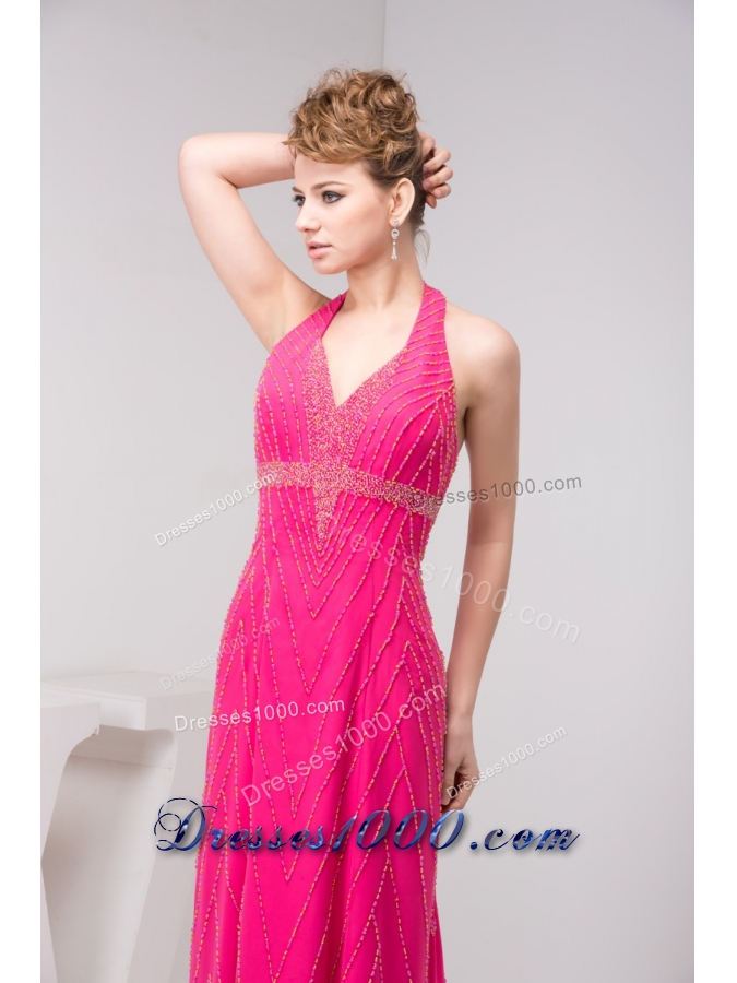 Column Hot Pink Halter Top Beaded Prom Dress with the Back Out