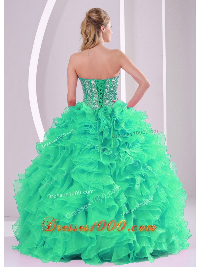 Green Ball Gown Sweetheart Ruffles and Beading Long Quinceanera Gowns in Sweet 16