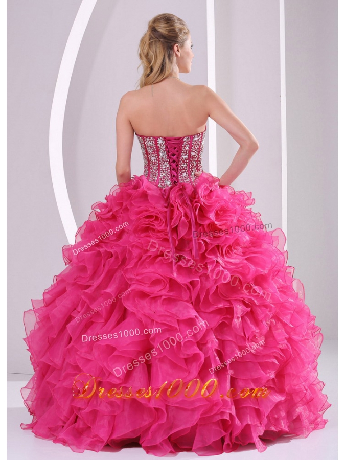 Hot Pink Ball Gown Sweetheart Ruffles and Beading Long Organza Quinceanera Gowns