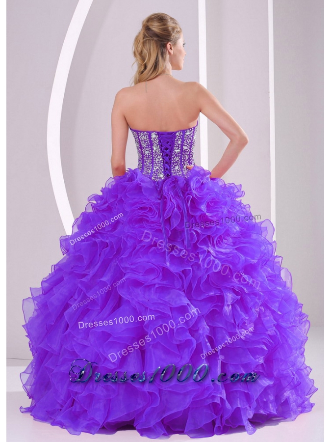 Purple Ball Gown Sweetheart Ruffles and Beading Lace Up Quinceanera Gowns