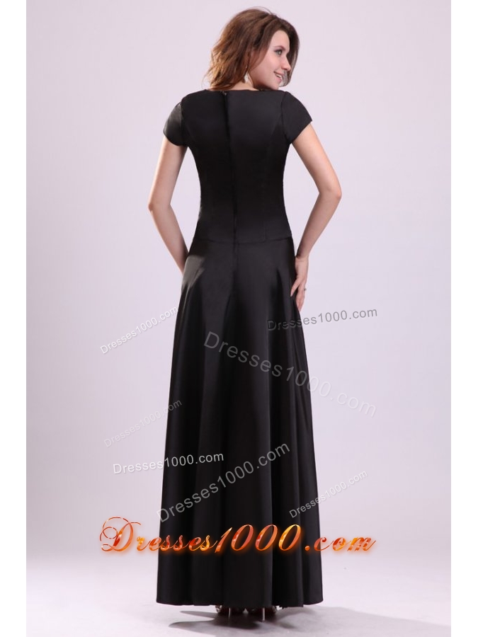 Bateau Black Beaded Ankle-length Prom Dress with Short Sleeves