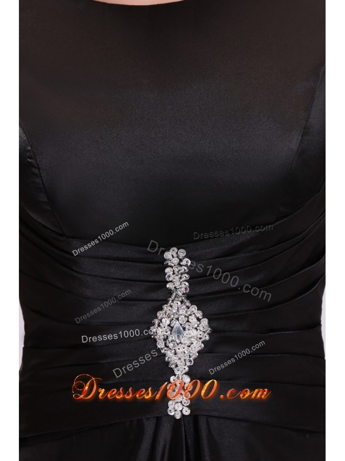 Bateau Black Beaded Ankle-length Prom Dress with Short Sleeves