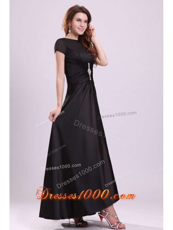 Bateau Black Beaded Ankle-length Prom Dress with Short Sleeves