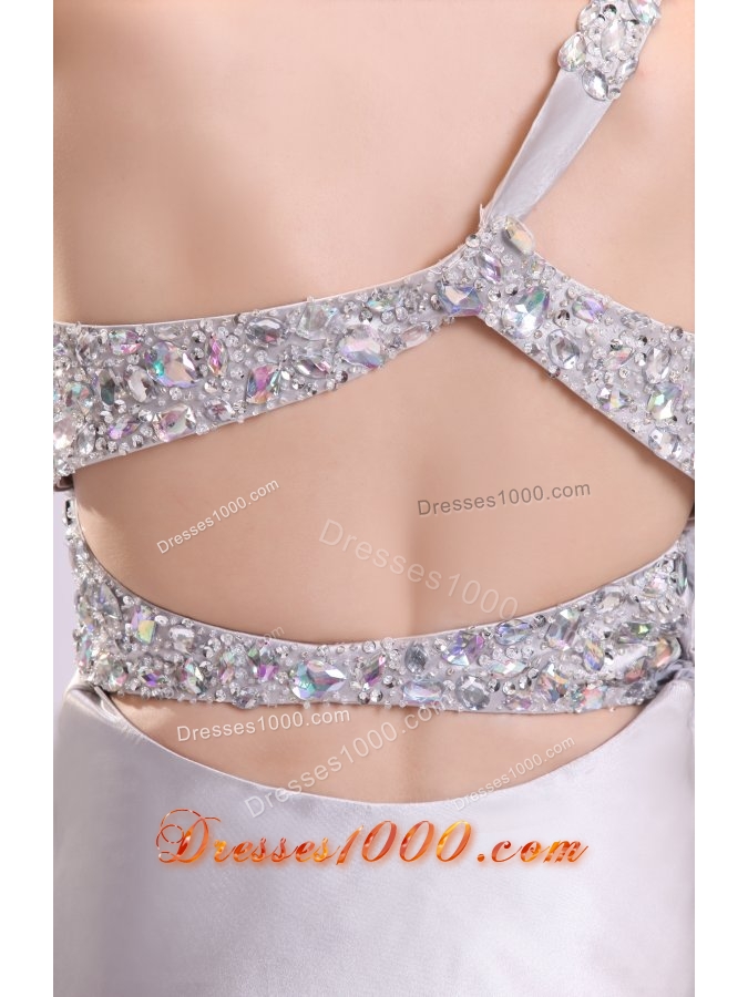 Sexy Column One Shoulder Brush Train Grey Beaded Prom Gown