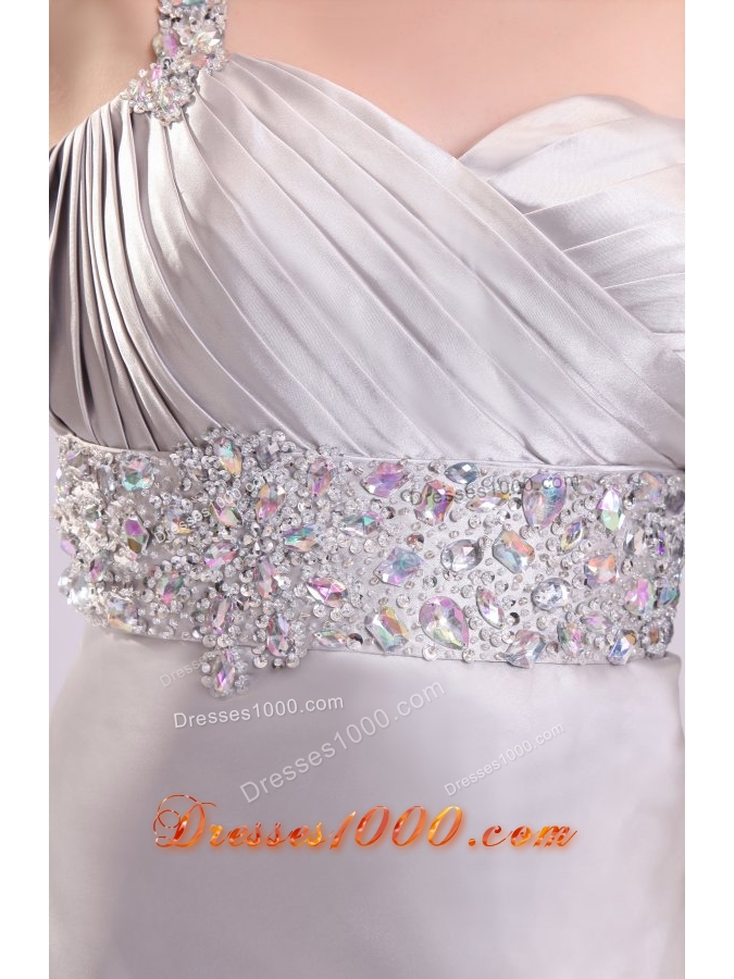 Sexy Column One Shoulder Brush Train Grey Beaded Prom Gown