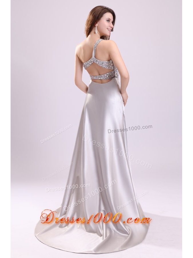 Sexy Column One Shoulder Brush Train Grey Beaded Prom Gown