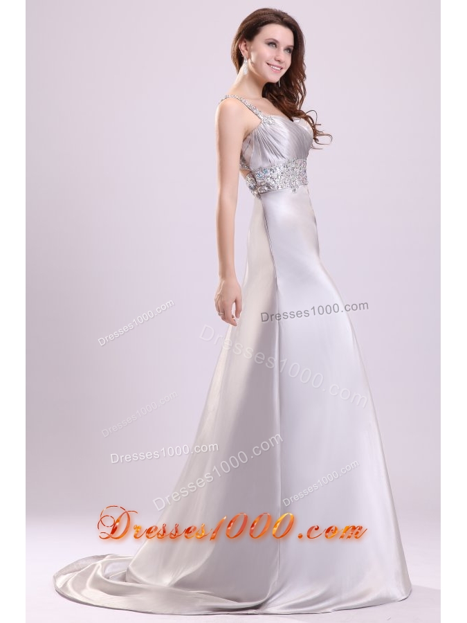 Sexy Column One Shoulder Brush Train Grey Beaded Prom Gown