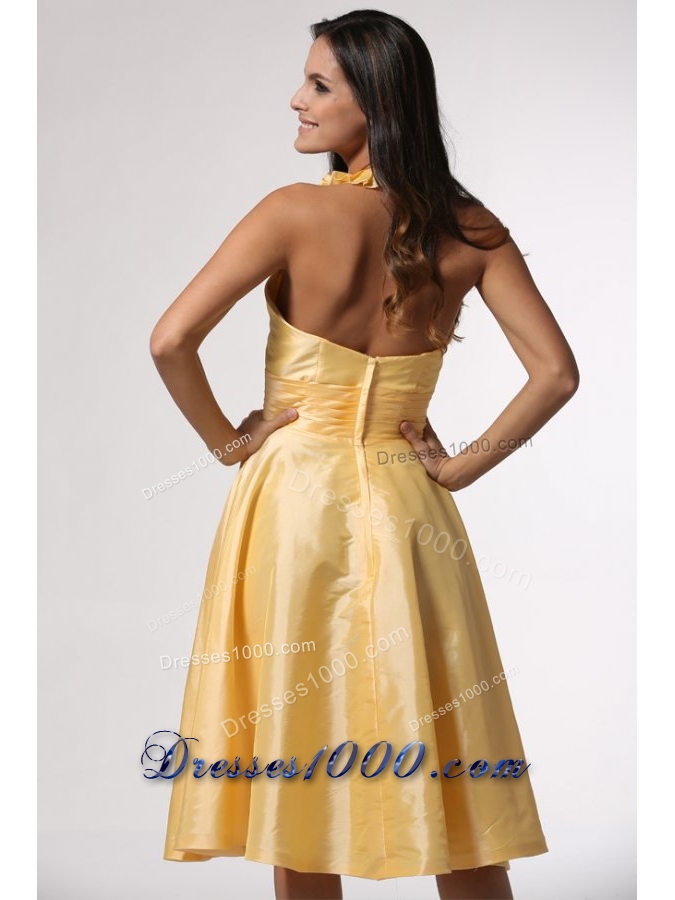 Simple Halter Top Yellow Tea-length Prom Gown Dress with Ruffles