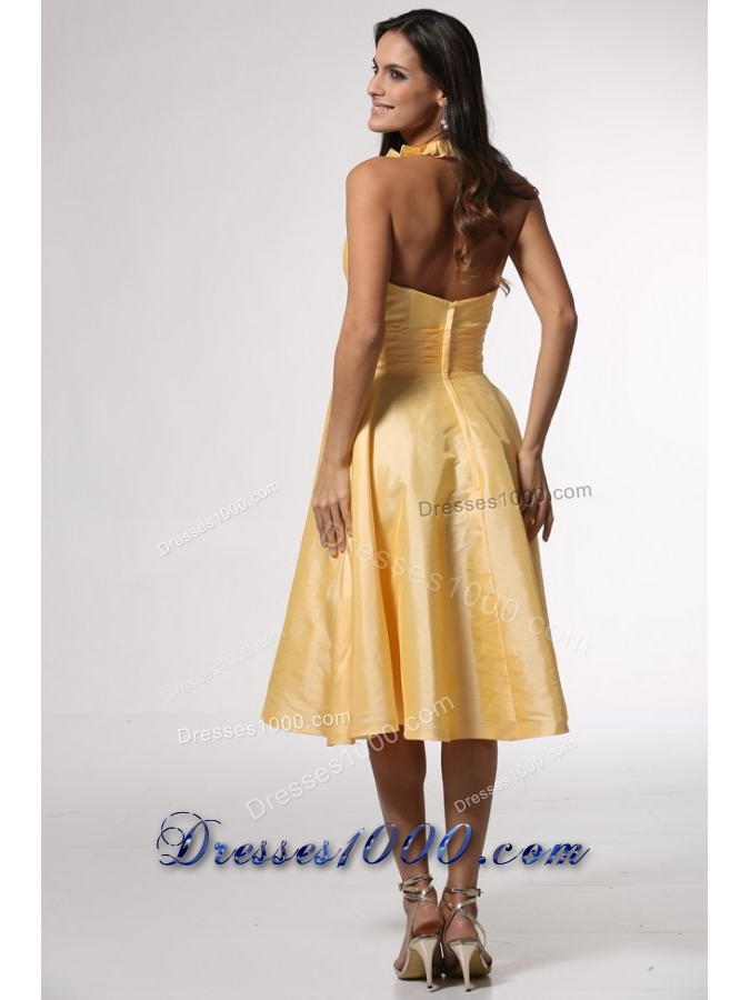 Simple Halter Top Yellow Tea-length Prom Gown Dress with Ruffles