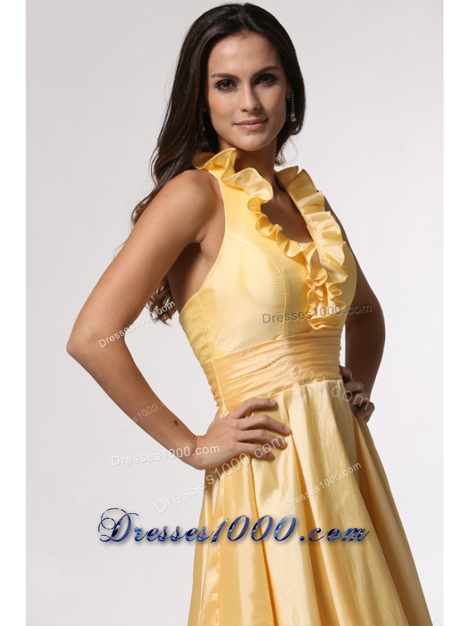 Simple Halter Top Yellow Tea-length Prom Gown Dress with Ruffles