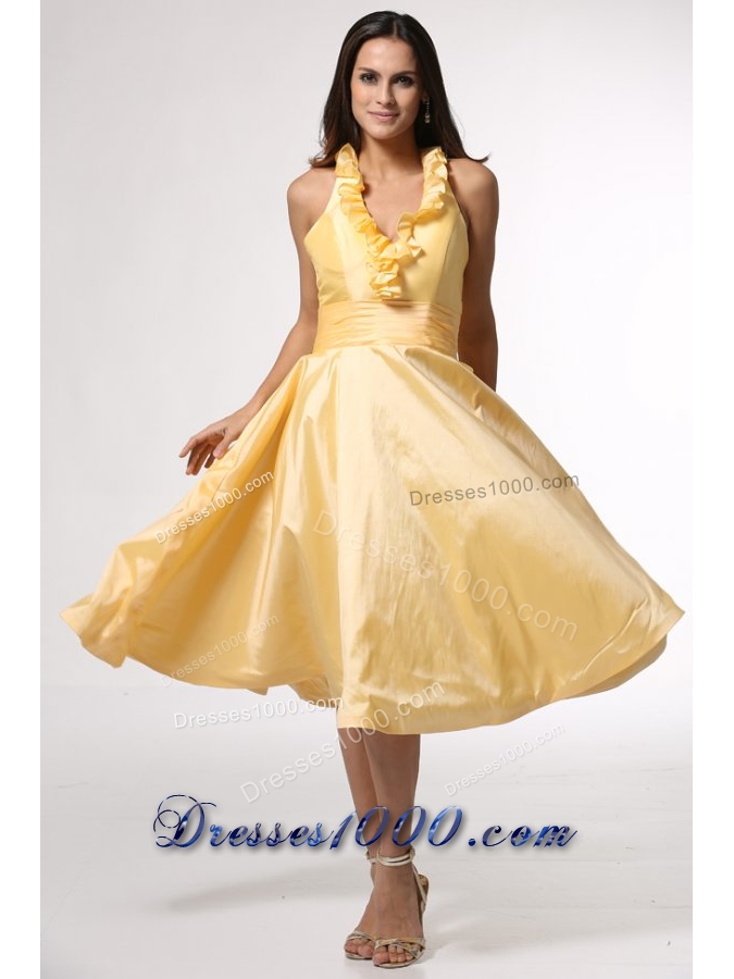 Simple Halter Top Yellow Tea-length Prom Gown Dress with Ruffles