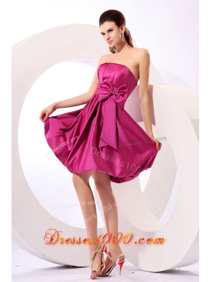 Strapless Fuchsia A-line Knee-length JS Prom Dress with Bowknot