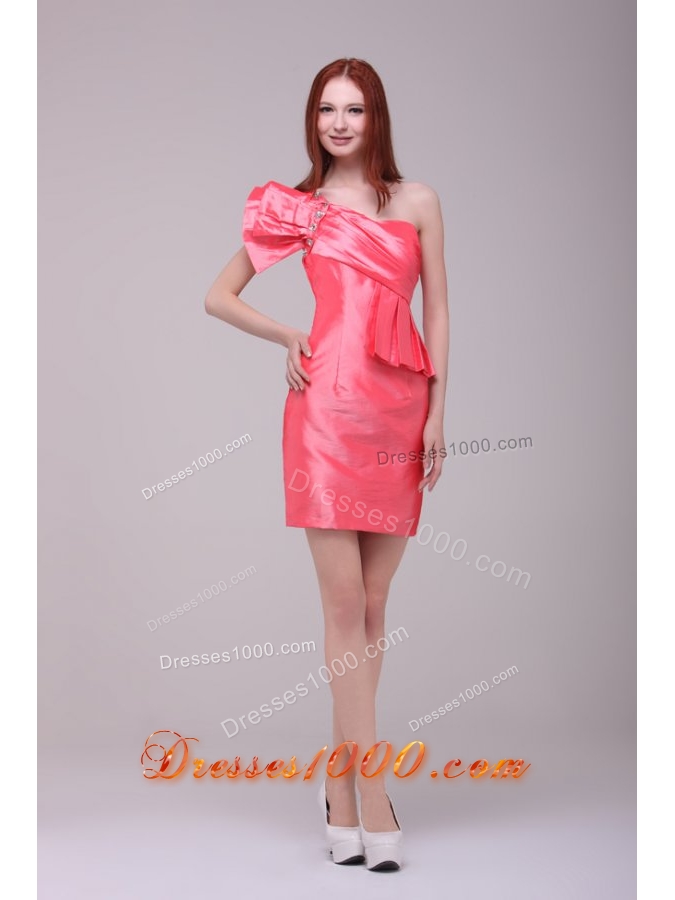 Watermelon Red One Shoulder Taffeta Prom Dresses with Ruching