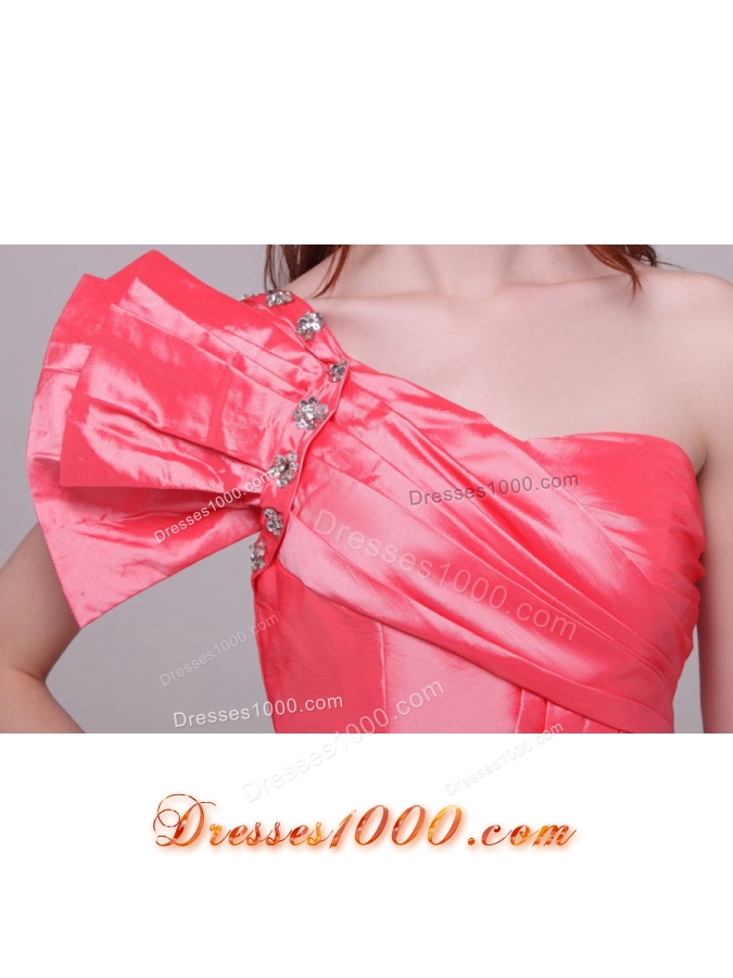 Watermelon Red One Shoulder Taffeta Prom Dresses with Ruching