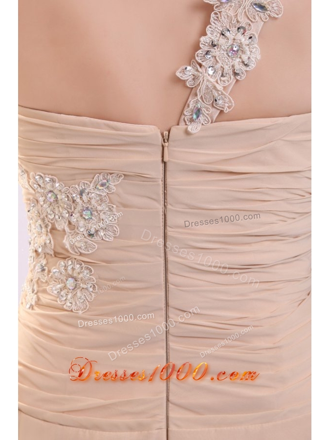 Popular High Slit One-shoulder Appliqued Champagne Long Prom Dress