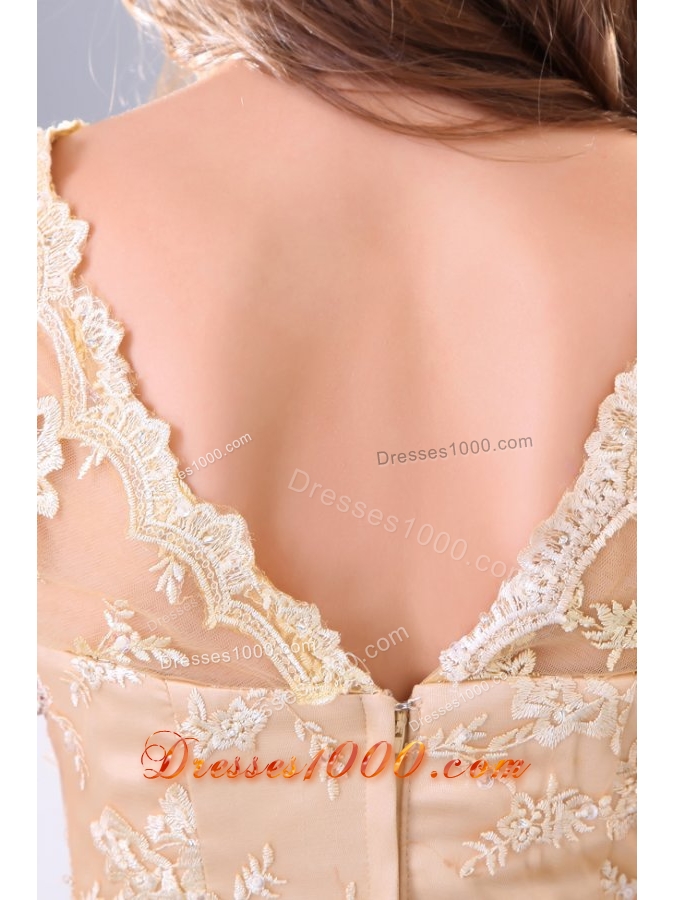 Cap Sleeves V Neck Lace Prom Formal Dress with Brush Train