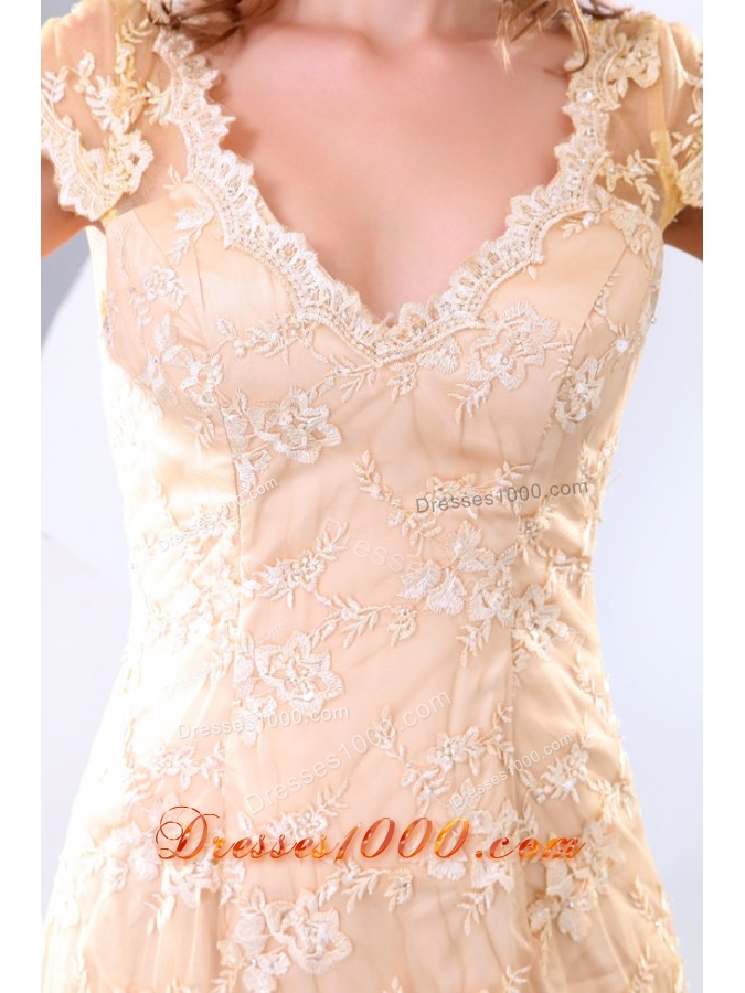 Cap Sleeves V Neck Lace Prom Formal Dress with Brush Train