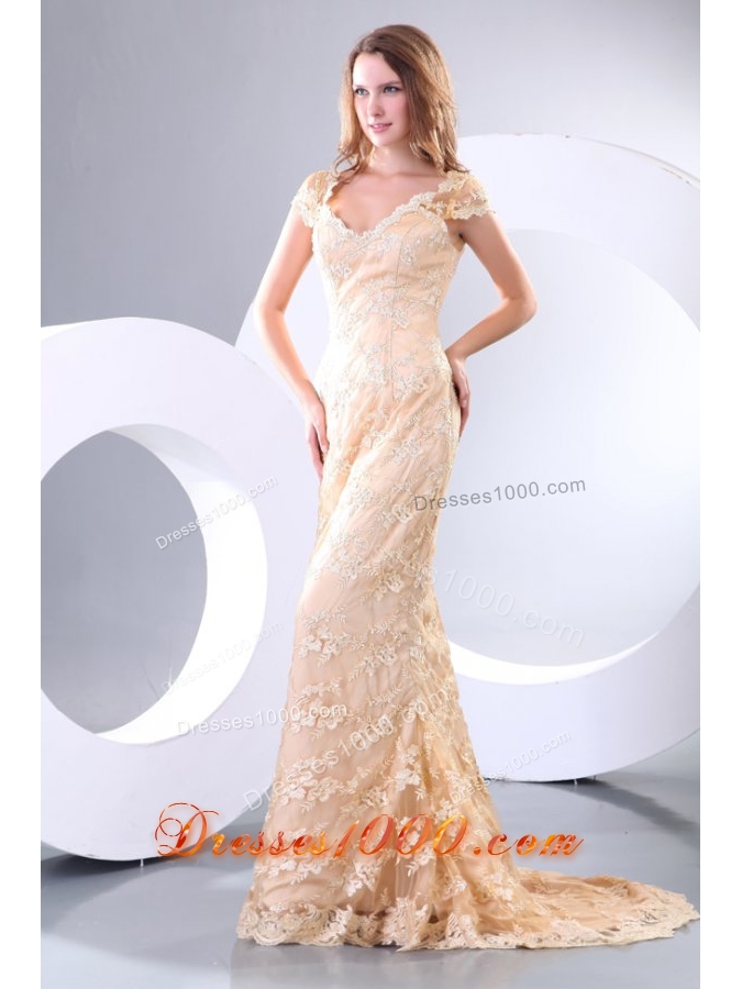 Cap Sleeves V Neck Lace Prom Formal Dress with Brush Train