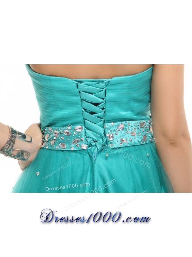 Elegant Aqua Blue Beading A-line Halter Tulle Prom Dress
