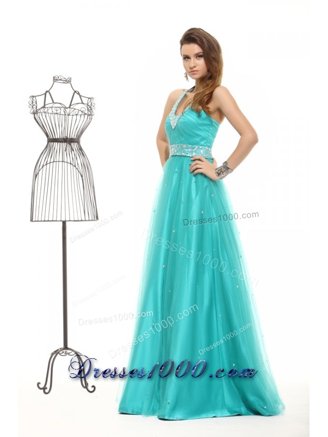 Elegant Aqua Blue Beading A-line Halter Tulle Prom Dress