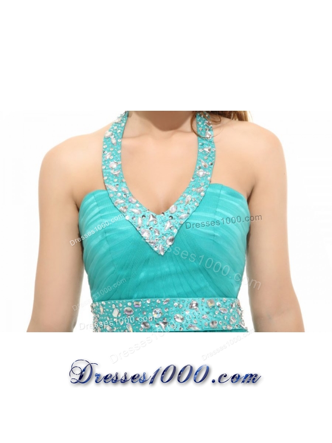 Elegant Aqua Blue Beading A-line Halter Tulle Prom Dress
