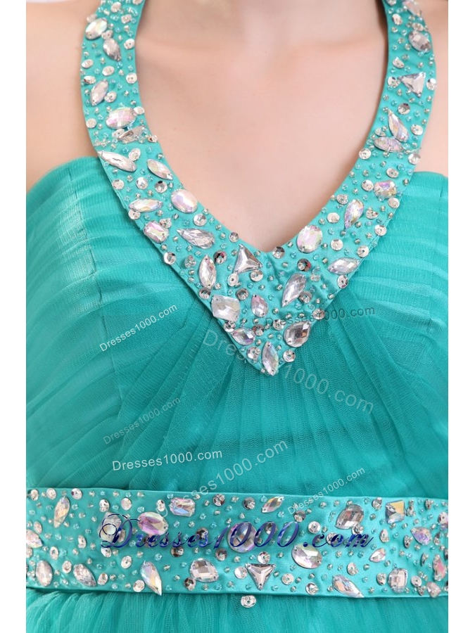 Elegant Aqua Blue Beading A-line Halter Tulle Prom Dress