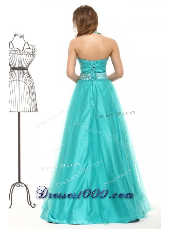 Elegant Aqua Blue Beading A-line Halter Tulle Prom Dress