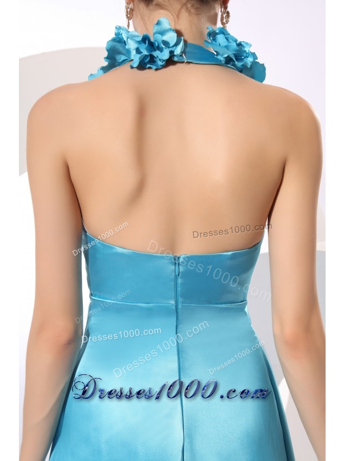Popular Halter Baby Blue Taffeta Prom Dress with Hand Made Flowers