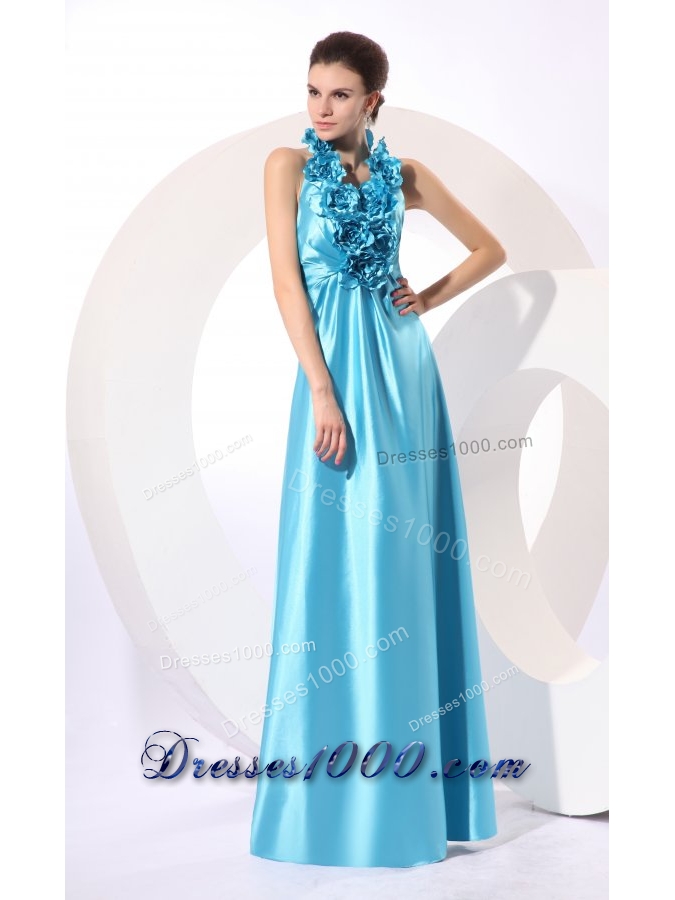 Popular Halter Baby Blue Taffeta Prom Dress with Hand Made Flowers