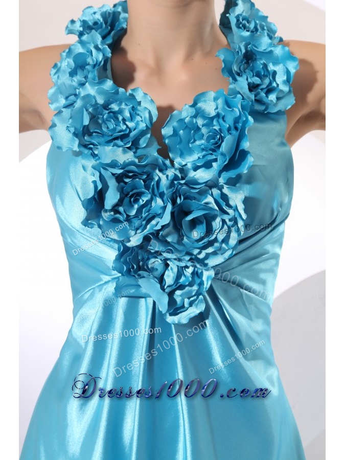 Popular Halter Baby Blue Taffeta Prom Dress with Hand Made Flowers