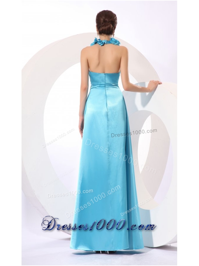 Popular Halter Baby Blue Taffeta Prom Dress with Hand Made Flowers