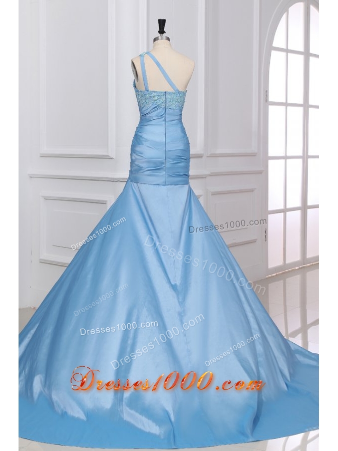 Graceful Light Blue Mermaid Appliques One Shoulder Prom Dress