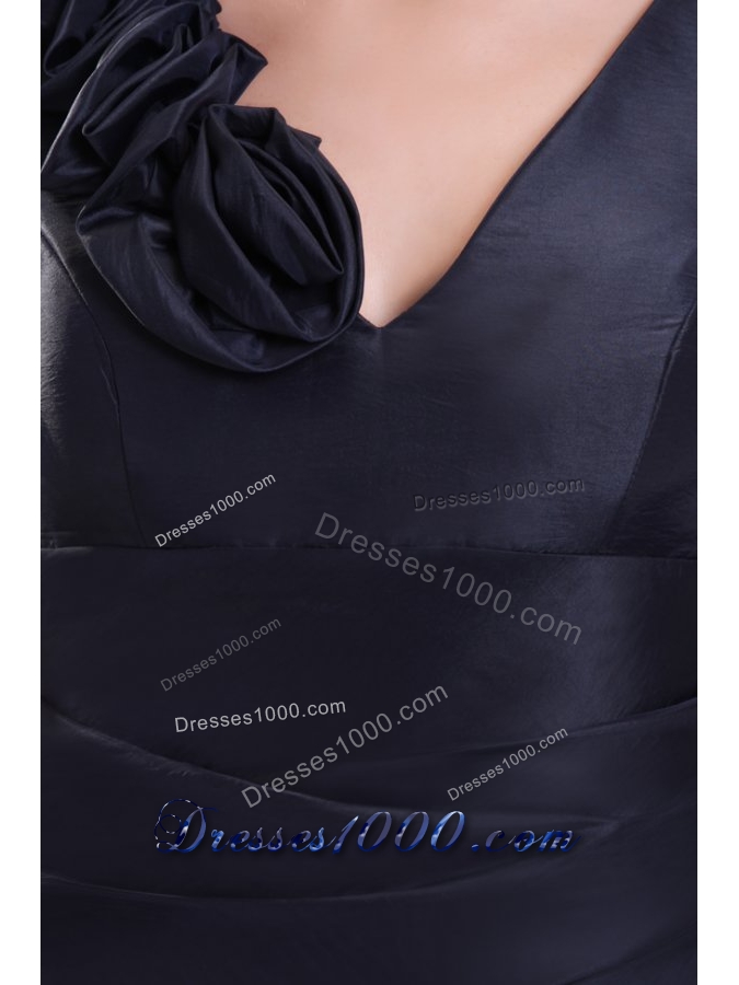 Simple Navy Blue Column V-neck Short Prom Dress with Flowers