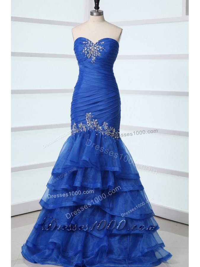 Royal Blue Layered Mermaid Sweetheart Ruched Prom Gown with Beading