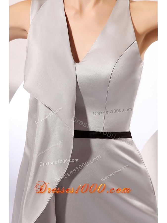 V-neck Black Belt Mini Length Satin Trendy Prom Dress in Grey