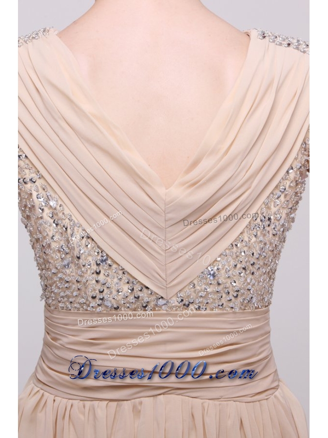 Low Price Beading V-neck Chiffon Prom Dress for 2014 Spring