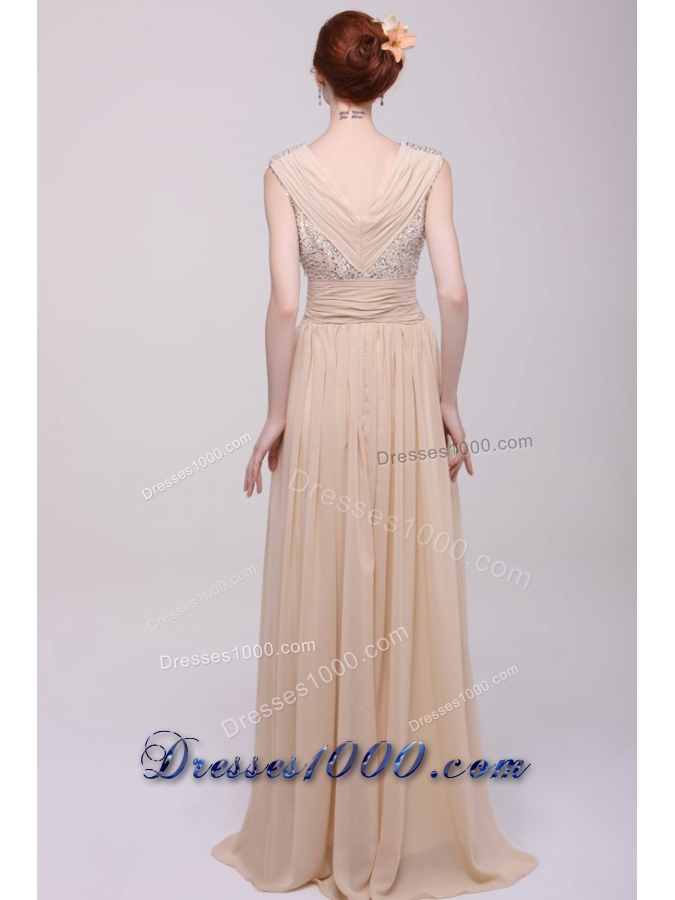 Low Price Beading V-neck Chiffon Prom Dress for 2014 Spring