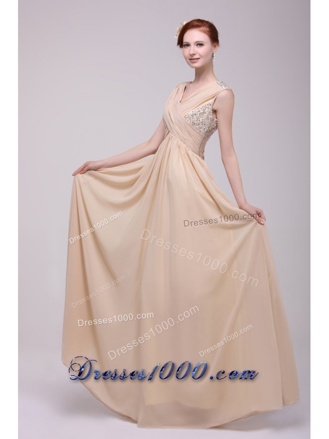 Low Price Beading V-neck Chiffon Prom Dress for 2014 Spring