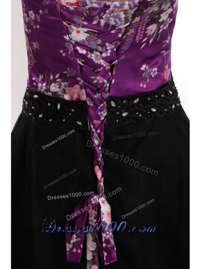 Floral Printed Beaded Strapless Black Tulle Dress for JS Prom