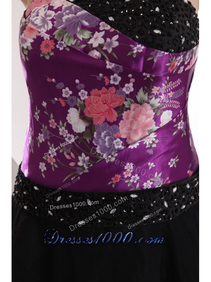 Floral Printed Beaded Strapless Black Tulle Dress for JS Prom