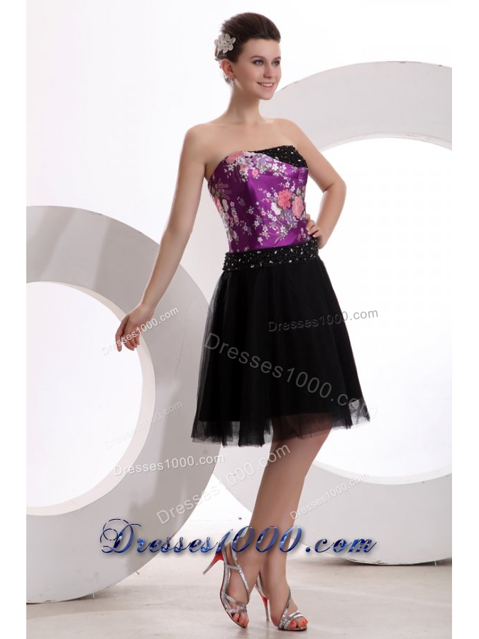 Floral Printed Beaded Strapless Black Tulle Dress for JS Prom